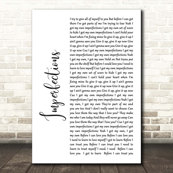 Celine Dion Imperfections White Script Song Lyric Print