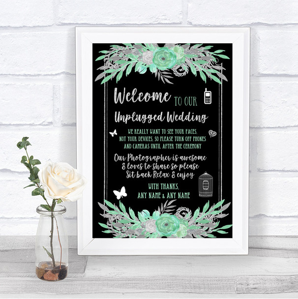 Black Mint Green & Silver No Phone Camera Unplugged Personalized Wedding Sign