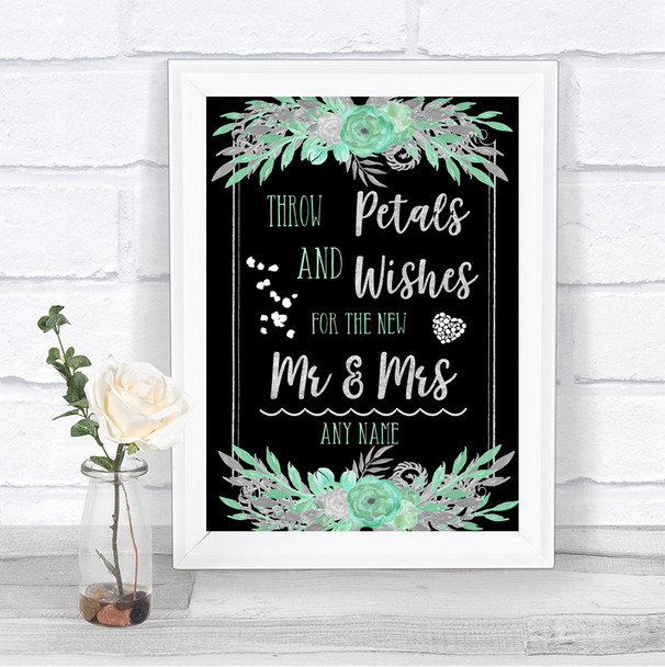 Black Mint Green & Silver Petals Wishes Confetti Personalized Wedding Sign