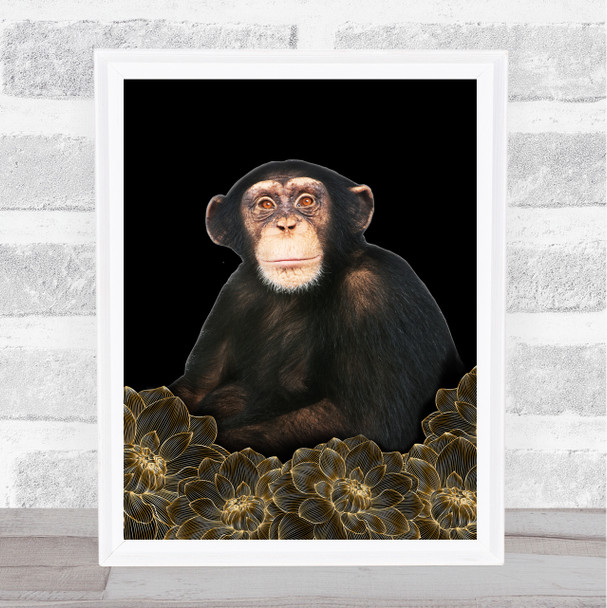 Chimp Gold Flowers Wall Art Print