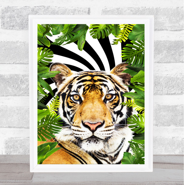 Jungle Leaves Black & White Swirl Tiger Wall Art Print