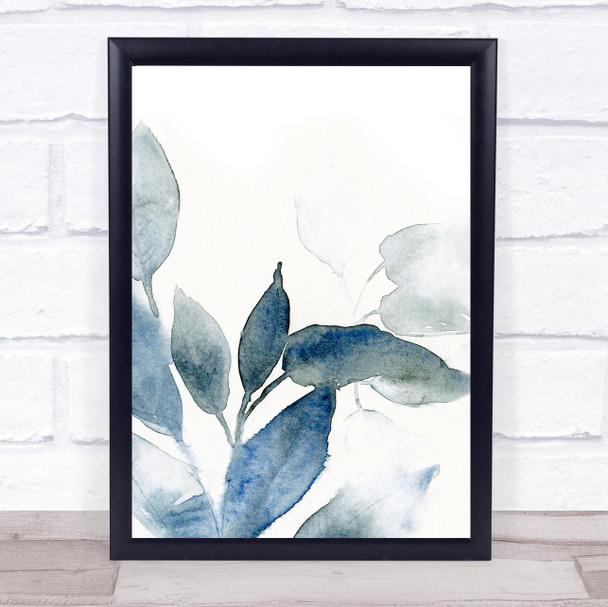 Blue Leaves In Watercolor Close Washed Grey Wall Art Print