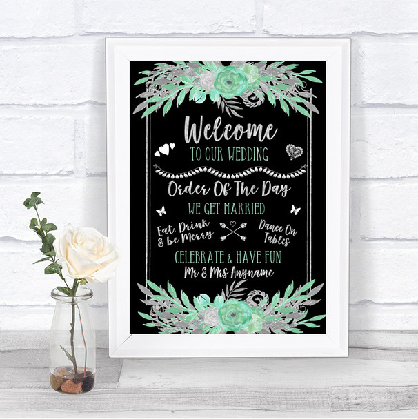 Black Mint Green & Silver Welcome Order Of The Day Personalized Wedding Sign