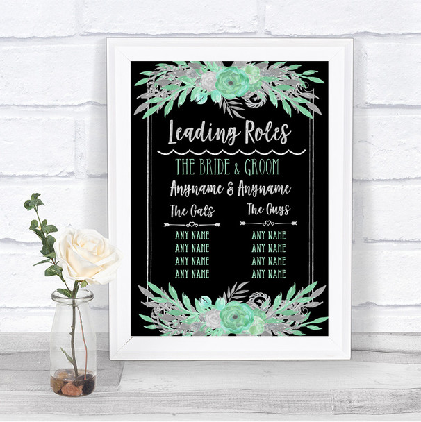 Black Mint Green & Silver Who's Who Leading Roles Personalized Wedding Sign