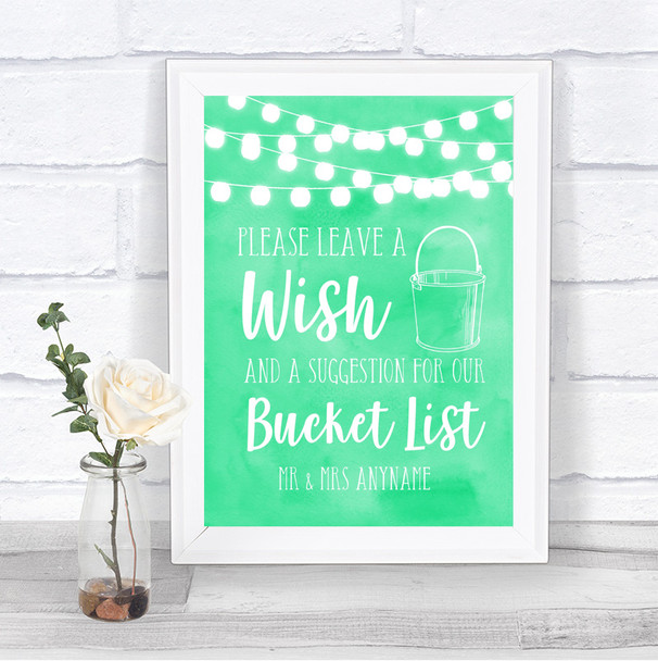 Mint Green Watercolour Lights Bucket List Personalized Wedding Sign