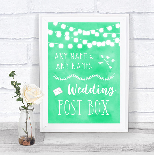 Mint Green Watercolour Lights Card Post Box Personalized Wedding Sign