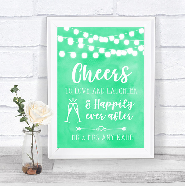 Mint Green Watercolour Lights Cheers To Love Personalized Wedding Sign