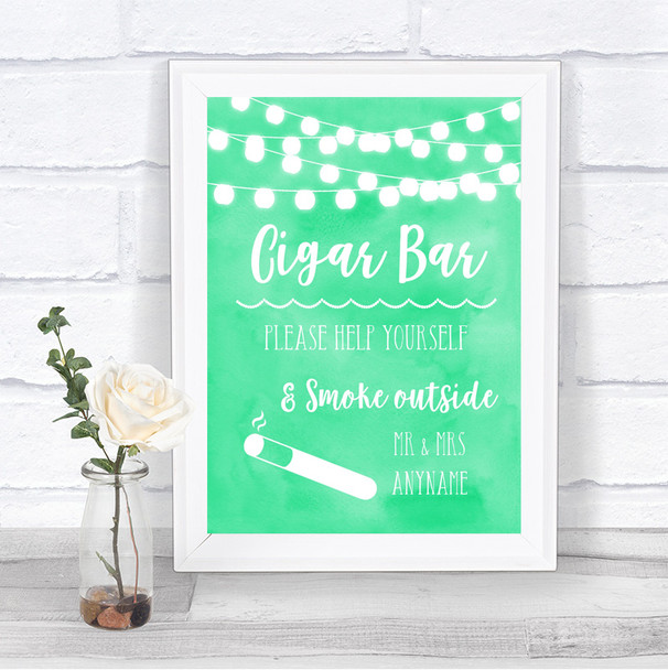 Mint Green Watercolour Lights Cigar Bar Personalized Wedding Sign