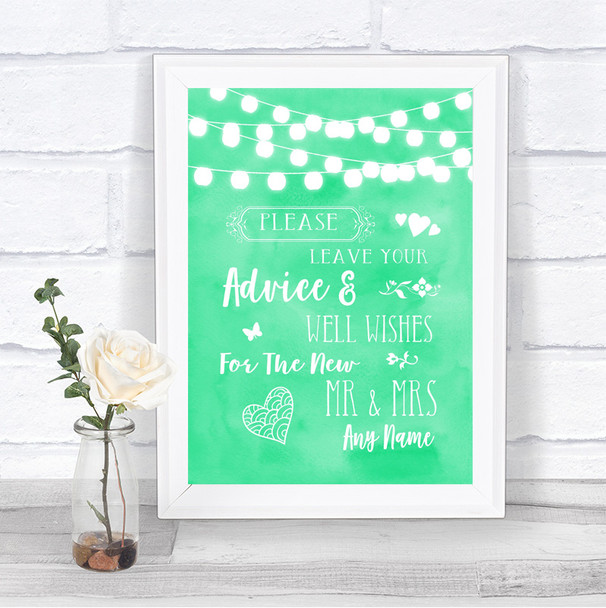 Mint Green Watercolour Lights Guestbook Advice & Wishes Mr & Mrs Wedding Sign