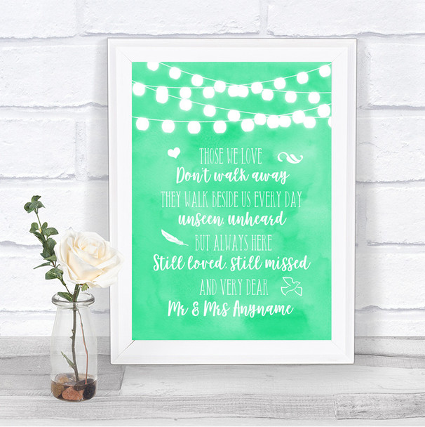 Mint Green Watercolour Lights In Loving Memory Personalized Wedding Sign