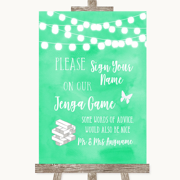 Mint Green Watercolour Lights Jenga Guest Book Personalized Wedding Sign