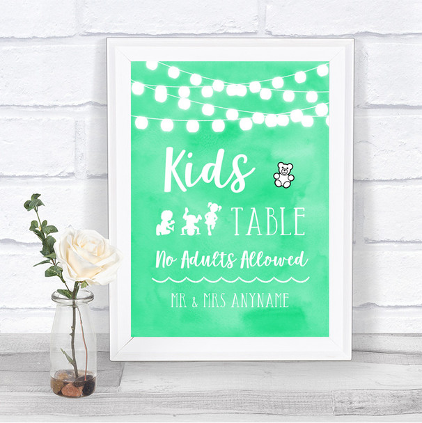 Mint Green Watercolour Lights Kids Table Personalized Wedding Sign