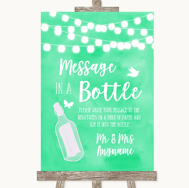 Mint Green Watercolour Lights Message In A Bottle Personalized Wedding Sign