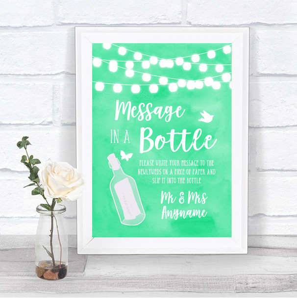Mint Green Watercolour Lights Message In A Bottle Personalized Wedding Sign