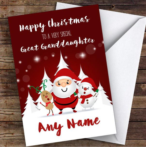 Red Santa Snowman Special Great Granddaughter Personalized Christmas Card