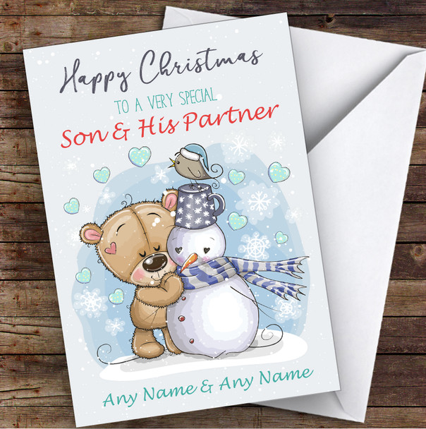 Bear & Snowman Romantic Son & His Partner Personalized Christmas Card