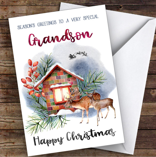 WaterColor Deer To Very Special Grandson Personalized Christmas Card