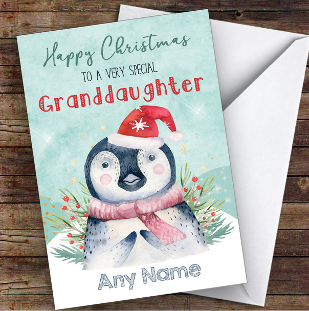 WaterColor Penguin Special Granddaughter Personalized Christmas Card