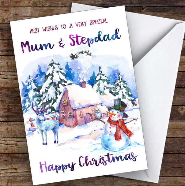 WaterColor Snowman Special Mum & Stepdad Personalized Christmas Card