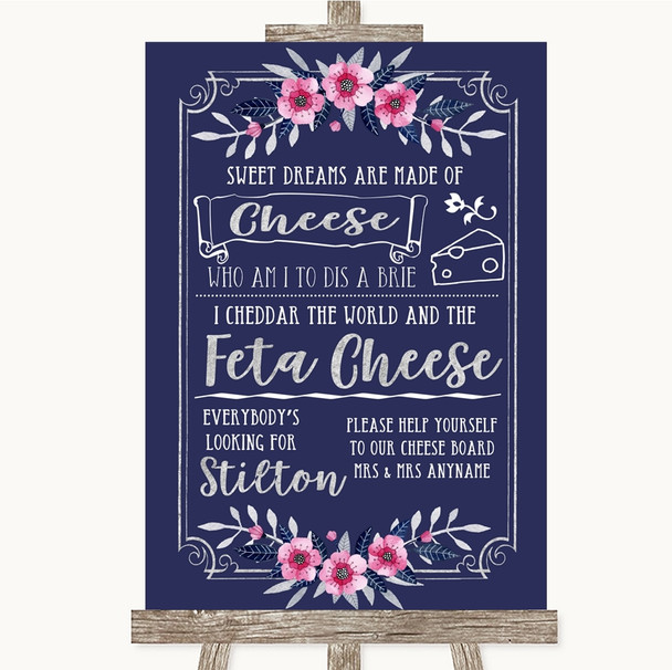 Navy Blue Pink & Silver Cheeseboard Cheese Song Personalized Wedding Sign