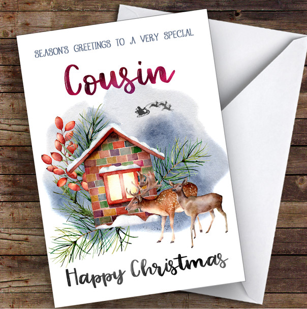WaterColor Deer To Very Special Cousin Personalized Christmas Card
