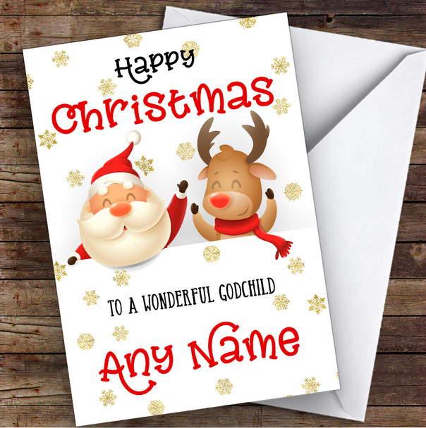 Cute Santa & Reindeer Peeping Godchild Personalized Christmas Card