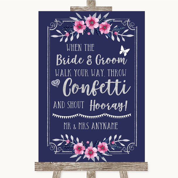 Navy Blue Pink & Silver Confetti Personalized Wedding Sign