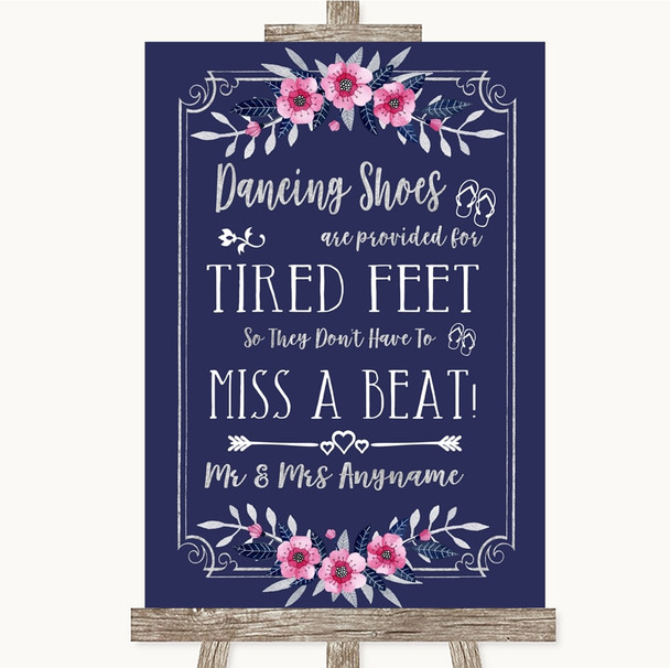 Navy Blue Pink & Silver Dancing Shoes Flip-Flop Tired Feet Wedding Sign