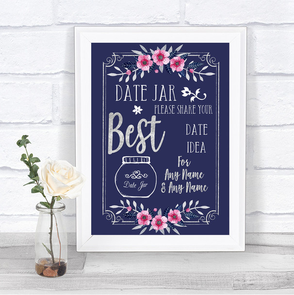 Navy Blue Pink & Silver Date Jar Guestbook Personalized Wedding Sign