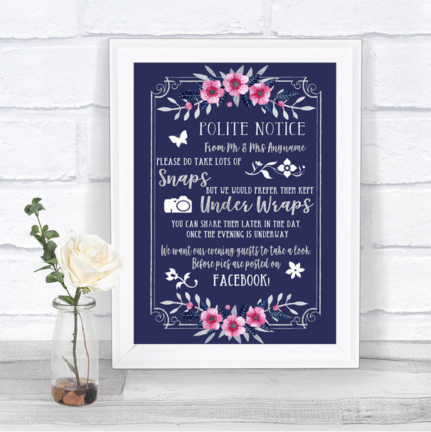 Navy Blue Pink & Silver Don't Post Photos Facebook Personalized Wedding Sign