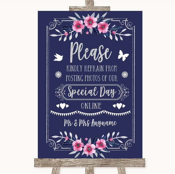 Navy Blue Pink & Silver Don't Post Photos Online Social Media Wedding Sign