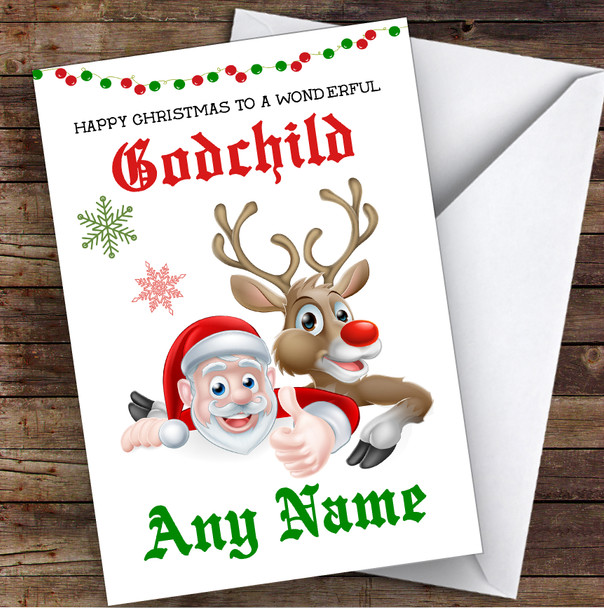 Santa & Reindeer Wonderful Godchild Personalized Christmas Card