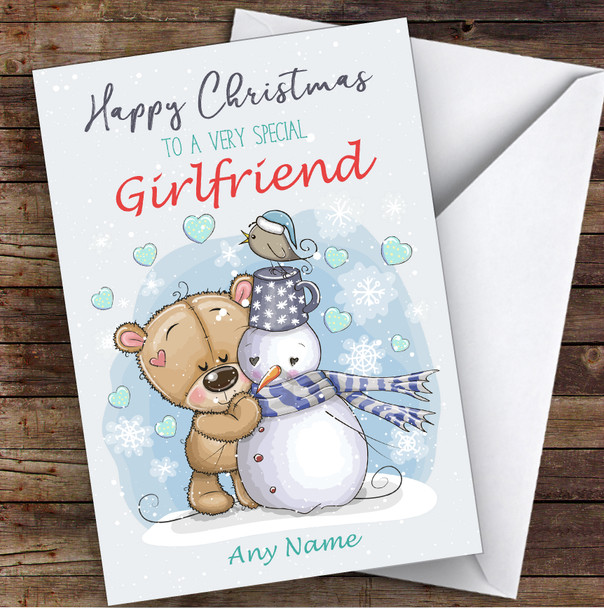 Bear & Snowman Romantic Girlfriend Personalized Christmas Card