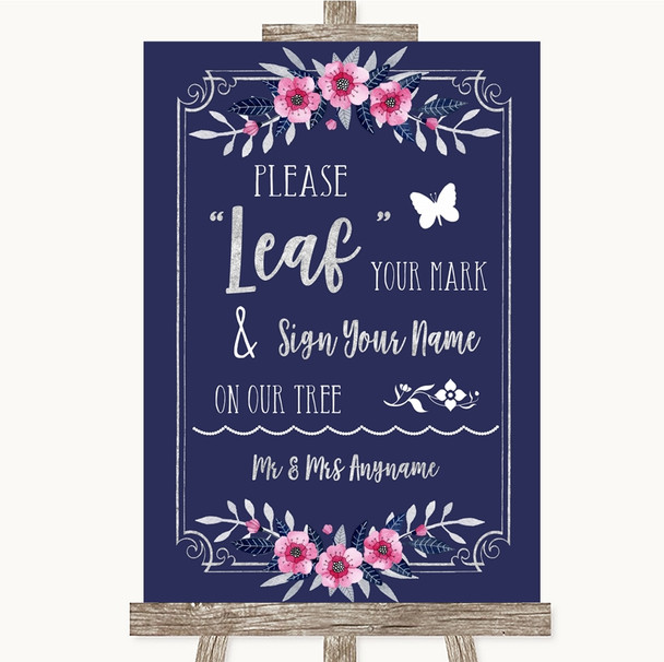 Navy Blue Pink & Silver Fingerprint Tree Instructions Personalized Wedding Sign