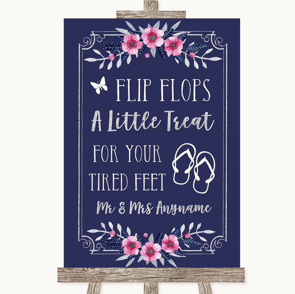 Navy Blue Pink & Silver Flip Flops Dancing Shoes Personalized Wedding Sign