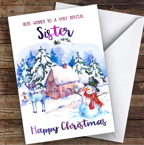 WaterColor Snowman Special Sister Personalized Christmas Card