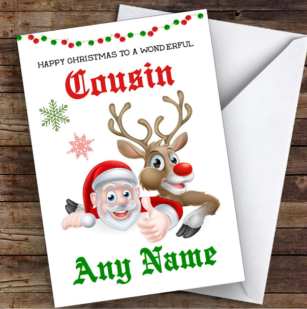 Santa & Reindeer Wonderful Cousin Personalized Christmas Card