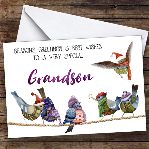 Cute Birds Very Special Grandson Personalized Christmas Card