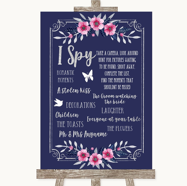 Navy Blue Pink & Silver I Spy Disposable Camera Personalized Wedding Sign