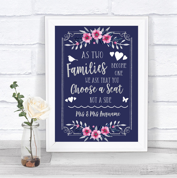 Navy Blue Pink & Silver As Families Become One Seating Plan Wedding Sign