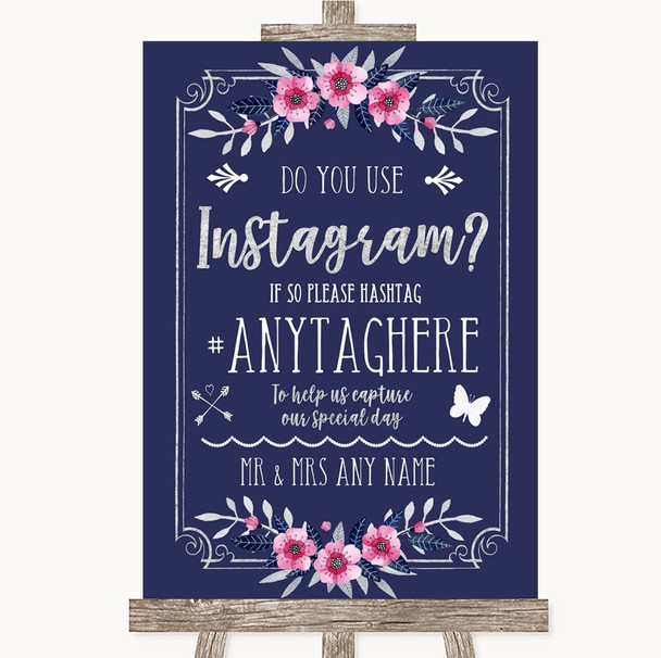 Navy Blue Pink & Silver Instagram Photo Sharing Personalized Wedding Sign