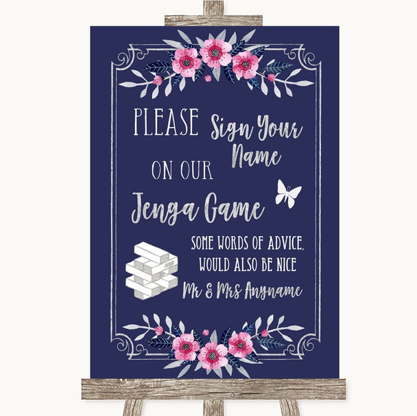Navy Blue Pink & Silver Jenga Guest Book Personalized Wedding Sign