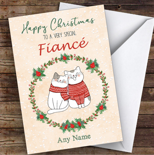 Cute Cats Romantic Fiancé Personalized Christmas Card