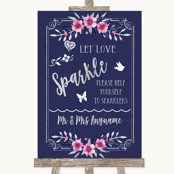 Navy Blue Pink & Silver Let Love Sparkle Sparkler Send Off Wedding Sign