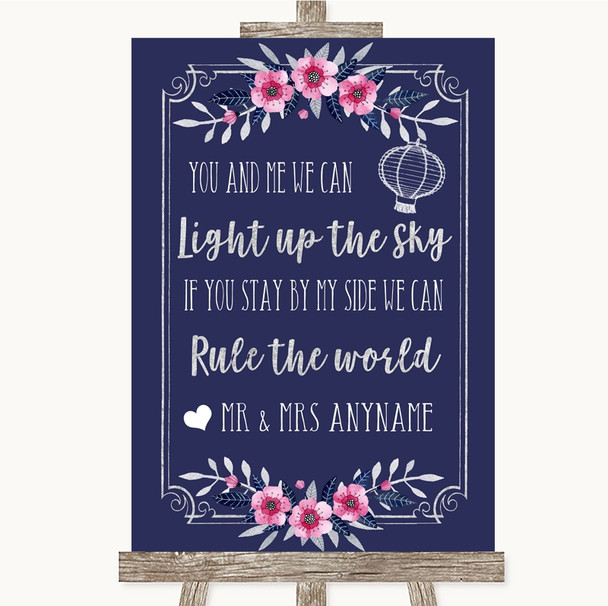 Navy Blue Pink & Silver Light Up The Sky Rule The World Wedding Sign