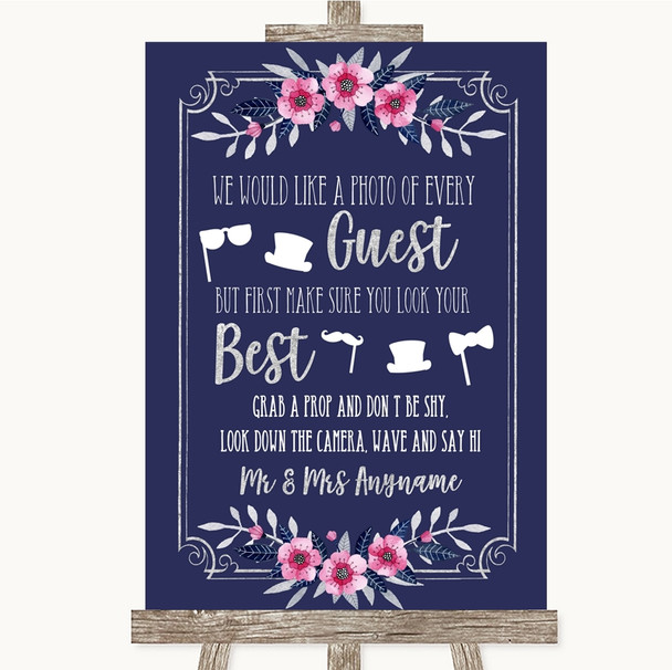 Navy Blue Pink & Silver Photo Prop Guestbook Personalized Wedding Sign