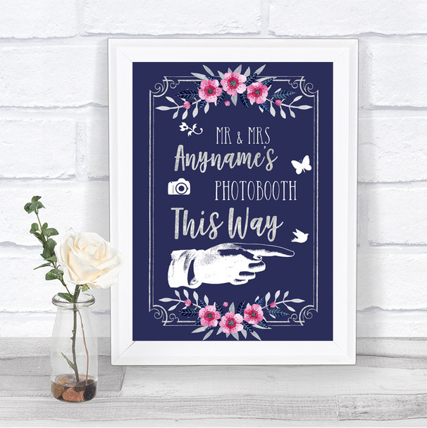 Navy Blue Pink & Silver Photobooth This Way Right Personalized Wedding Sign