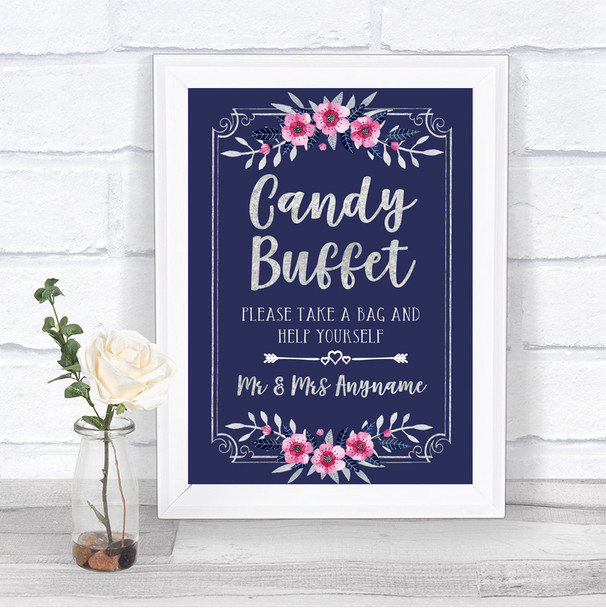 Navy Blue Pink & Silver Candy Buffet Personalized Wedding Sign