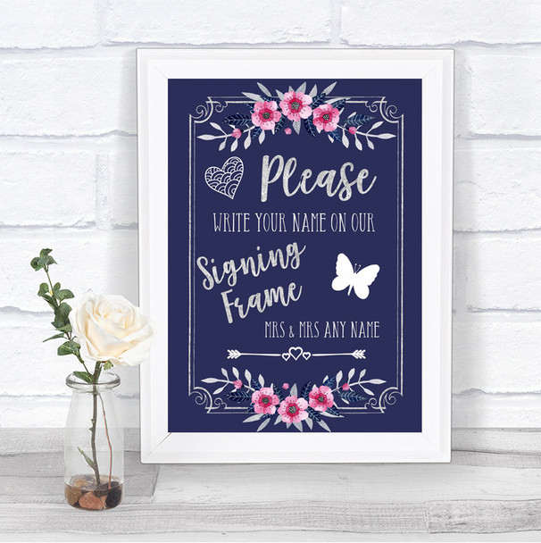 Navy Blue Pink & Silver Signing Frame Guestbook Personalized Wedding Sign