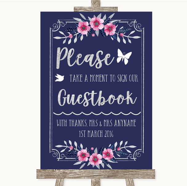 Navy Blue Pink & Silver Take A Moment To Sign Our Guest Book Wedding Sign